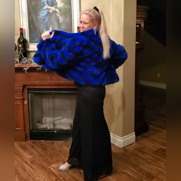 NWT Brilliant Sapphire Blue & Black Rex Chinchilla Fur Coat L/XL - Picture 4 of 17